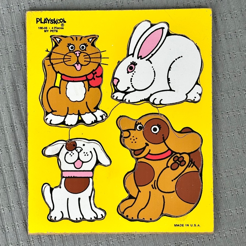 Vintage My Pets Wooden Peg Puzzle 4 Pieces Cat Dog Rabbit Puppy Made in USA
